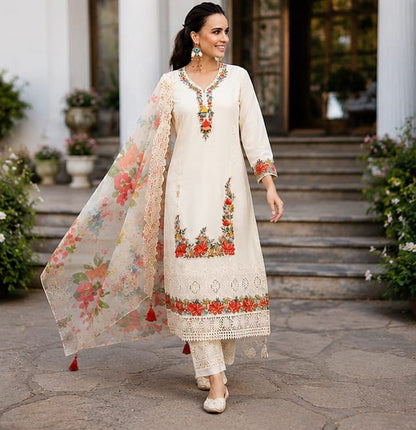 Yellow Floral Embroidered Suit Set
