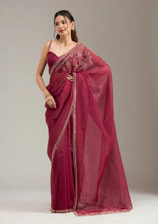 Marroon Saree with net