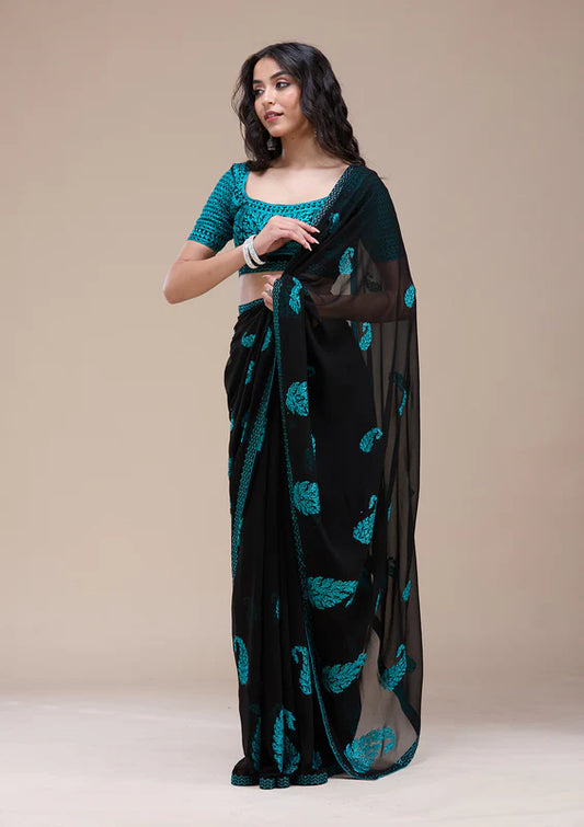 Blue and Black Party wear saree